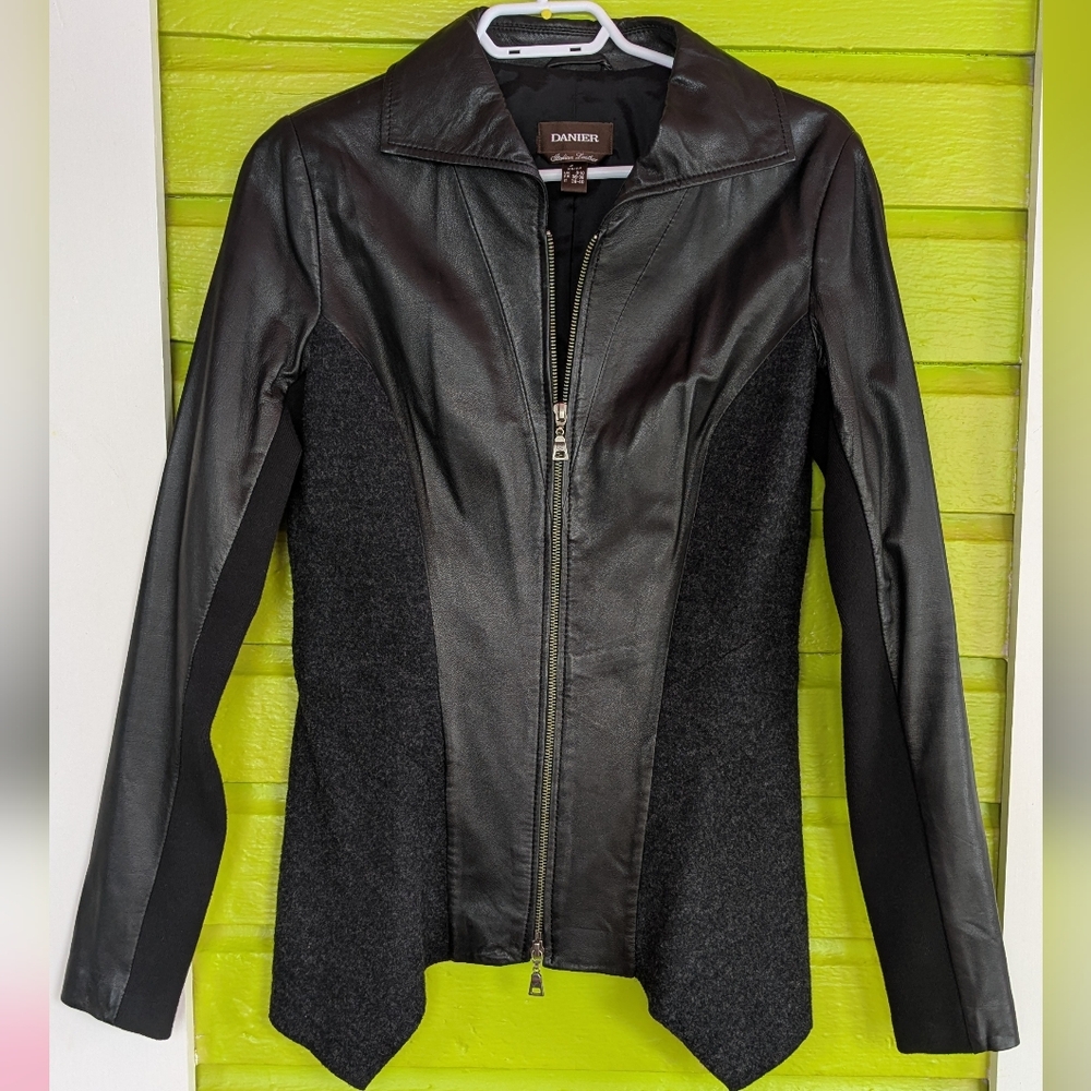 Danier Black Leather And Wool Women's Zip Jacket Size XS